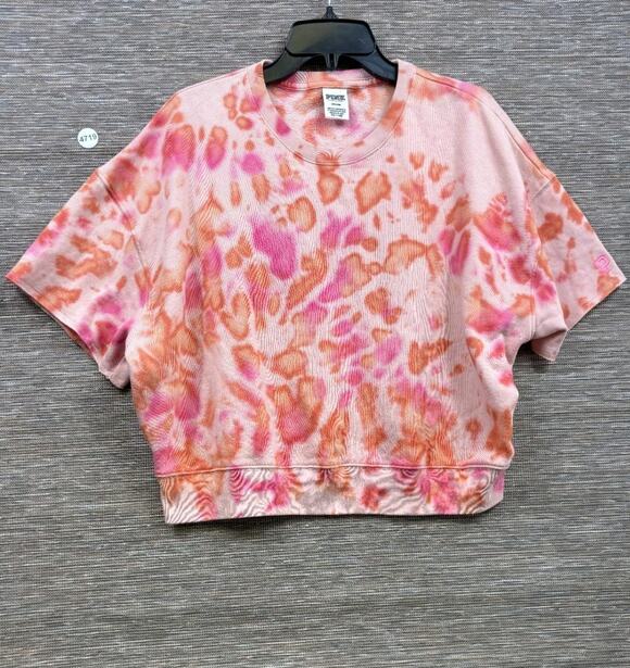 PINK Victoria's Secret Tops - PINK Victoria's Secret Shirt Womens M Pink Orange Tie Dye Fleece Cropped Oversiz
